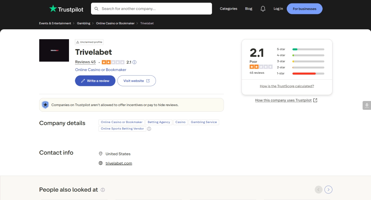 TrivelaBet Trustpilot